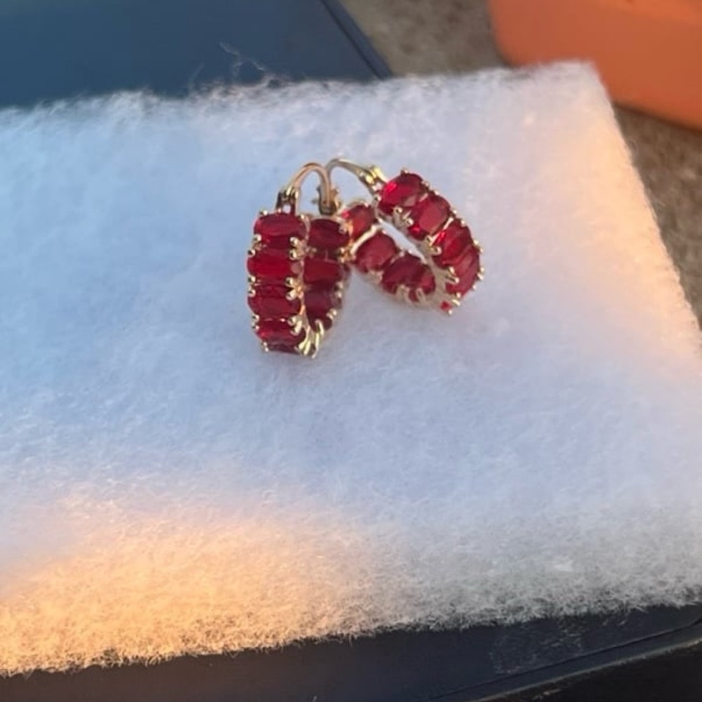 925/18K gold plated ruby oval cut inside out hoop earrings with swarovski #123 - Picture 6 of 13